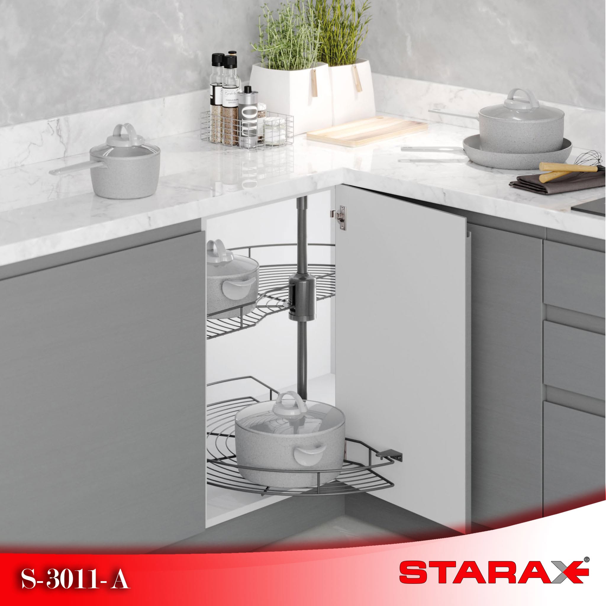 Demi-lune pivotante pour meuble d'angle — deux plateaux chromés, porte battante 45 cm — STARAX S-3011-A