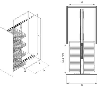 Colonne extractible télescopique à 4 paniers — caisson 45 cm, hauteur 1250-1400 mm — STARAX S-1122 4