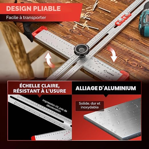 Règle de traçage 4 en 1 avec tête coulissante et guide de perçage — aluminium, double graduation 4