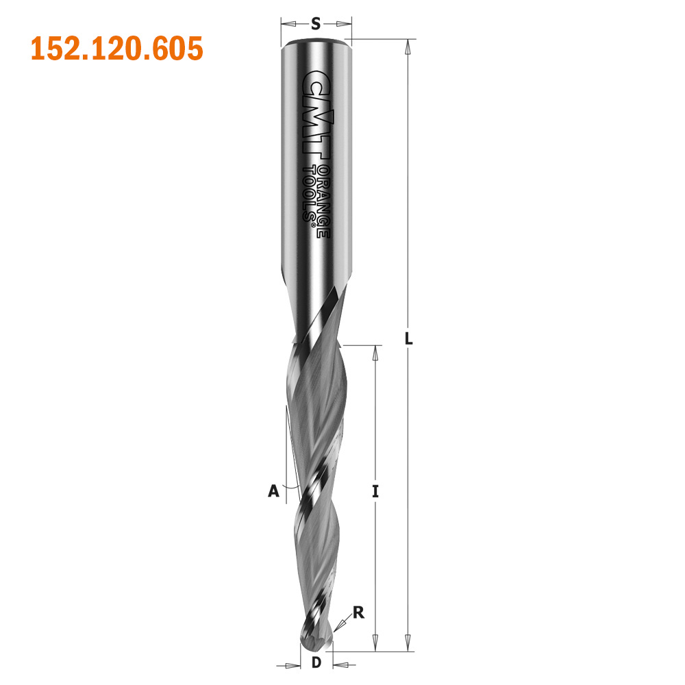 Fraise de gravure 2D/3D — queue 12 mm · cône 3° · bout R3 mm — CMT 152.120.605 3