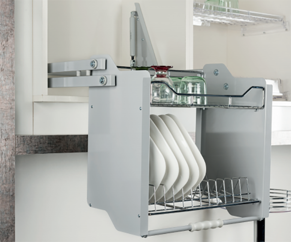 Porte-assiettes avec élévateur pour meuble haut — deux niveaux, descente à bras articulés — caisson 60 cm — STARAX S-5181