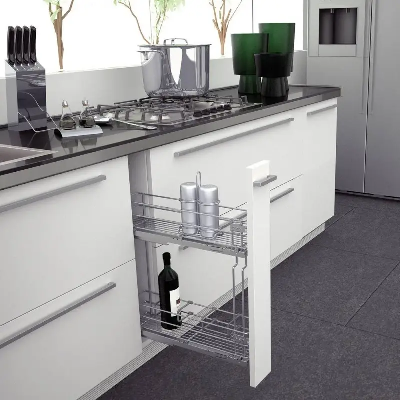 Porte-bouteilles coulissant pour meuble de 15 cm — deux paniers en fil chromé, sortie totale 2