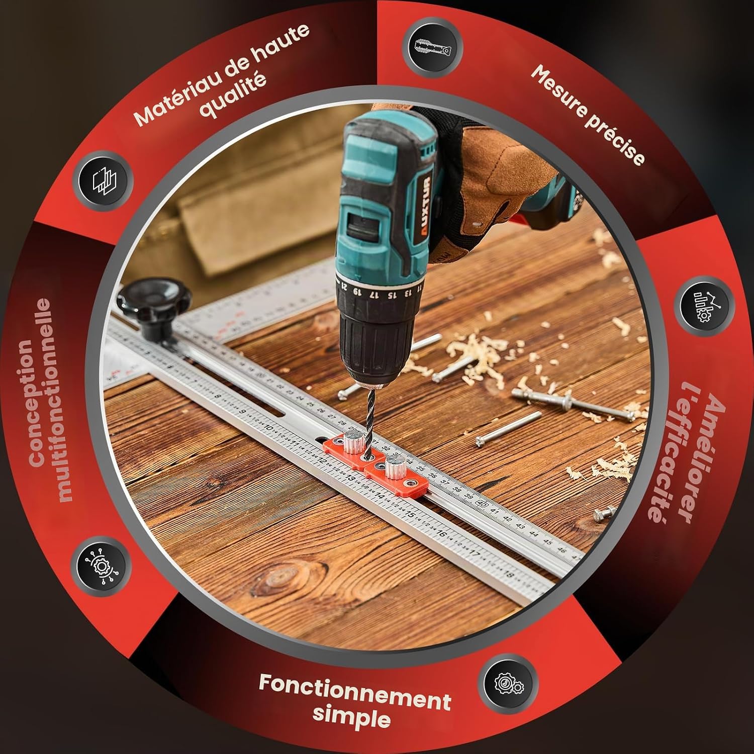 Règle de traçage 4 en 1 avec tête coulissante et guide de perçage — aluminium, double graduation 7